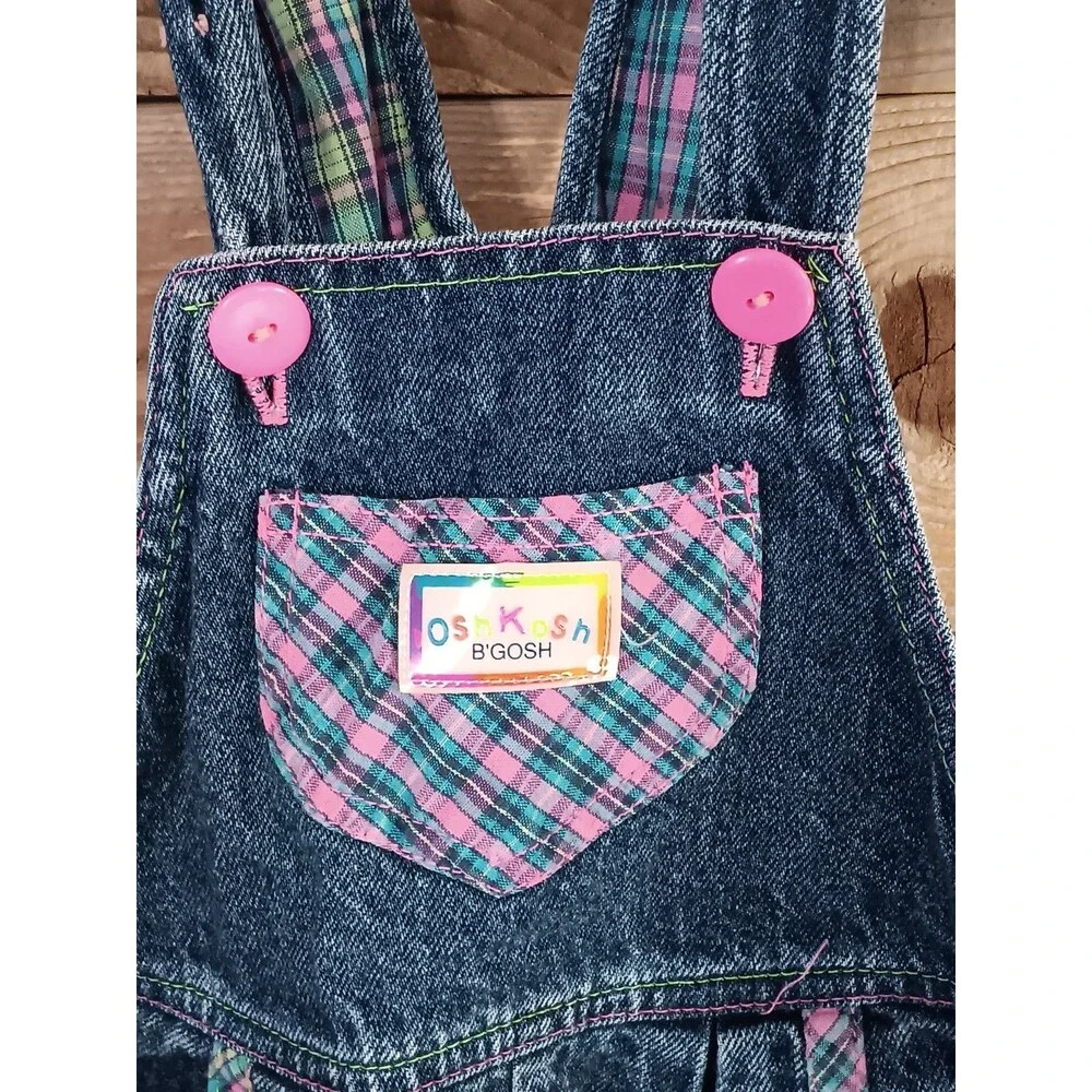 Vintage OshKosh B'Gosh Girls Vestbak Sz 6X Denim Overalls USA Patches Plaid Pink